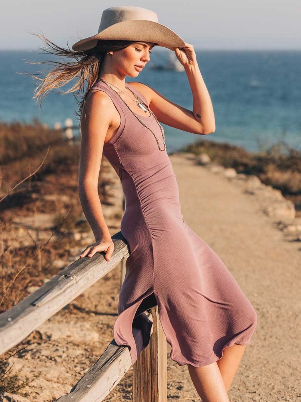Nomads Hemp Wear Lumina Sleeveless Midi Dress with Side Slit & Ruching, Small